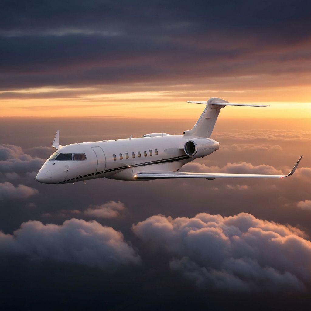 Private jet in flight above clouds during golden hour