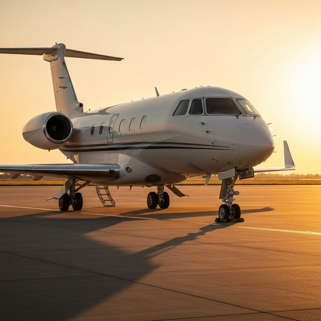 Private jet on tarmac during golden hour